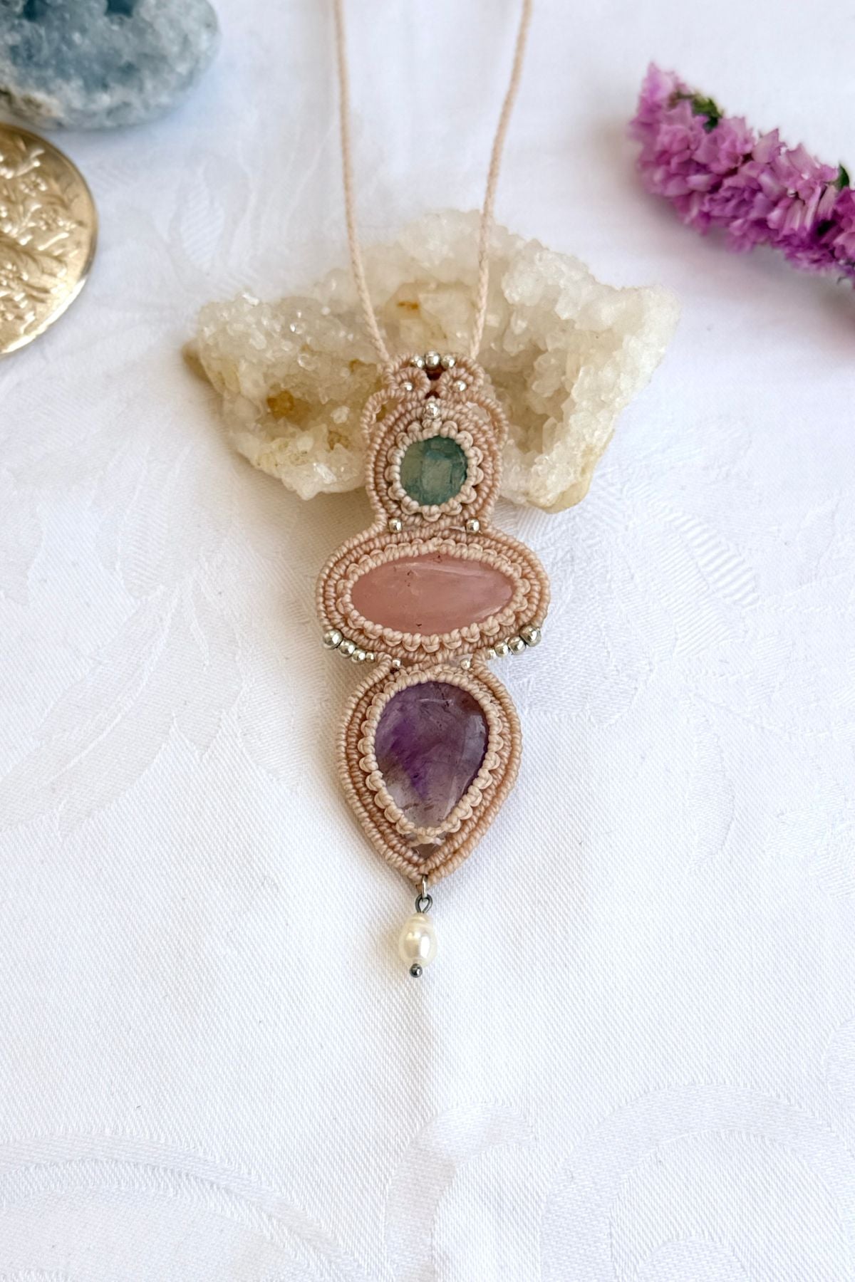 Handmade Aquamarine, Rose Quartz and Ametrine Statement Pendant Necklace with Freshwater Pearl