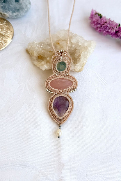 Handmade Aquamarine, Rose Quartz and Ametrine Statement Pendant Necklace with Freshwater Pearl