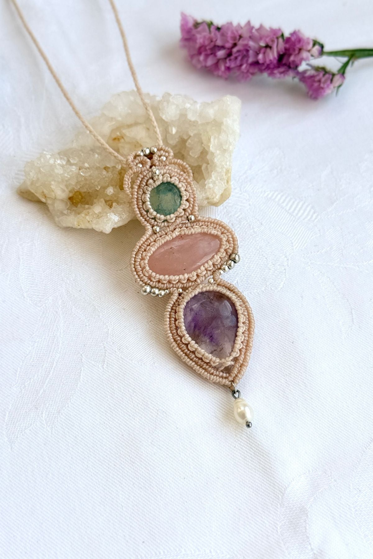 Handmade Aquamarine, Rose Quartz and Ametrine Statement Pendant Necklace with Freshwater Pearl