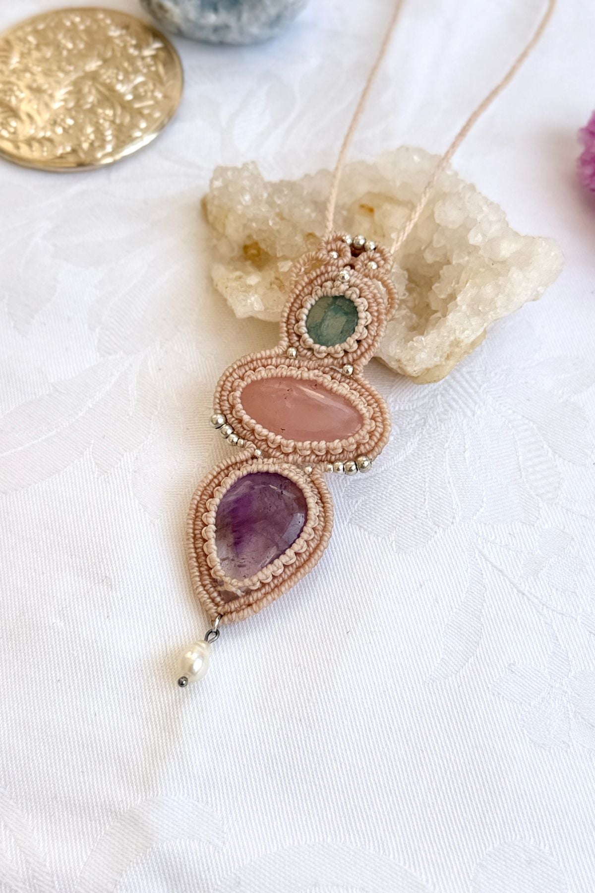 Handmade Aquamarine, Rose Quartz and Ametrine Statement Pendant Necklace with Freshwater Pearl