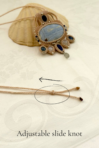 Close-up of adjustable sliding knot on handmade macrame necklace, allowing a customizable fit for all sizes