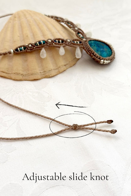 Close-up of adjustable sliding knot on handmade macramé necklace, allowing a customizable fit for all sizes