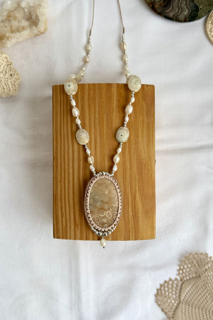 Luxury fossil coral and Freshwater Pearl statement necklace with Solar Agate, ocean inspired one of a kind jewelry