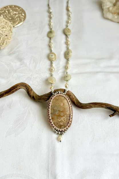One of a kind Fossil coral necklace with pearls and Solar Agate, Luxury ocean inspired statement piece