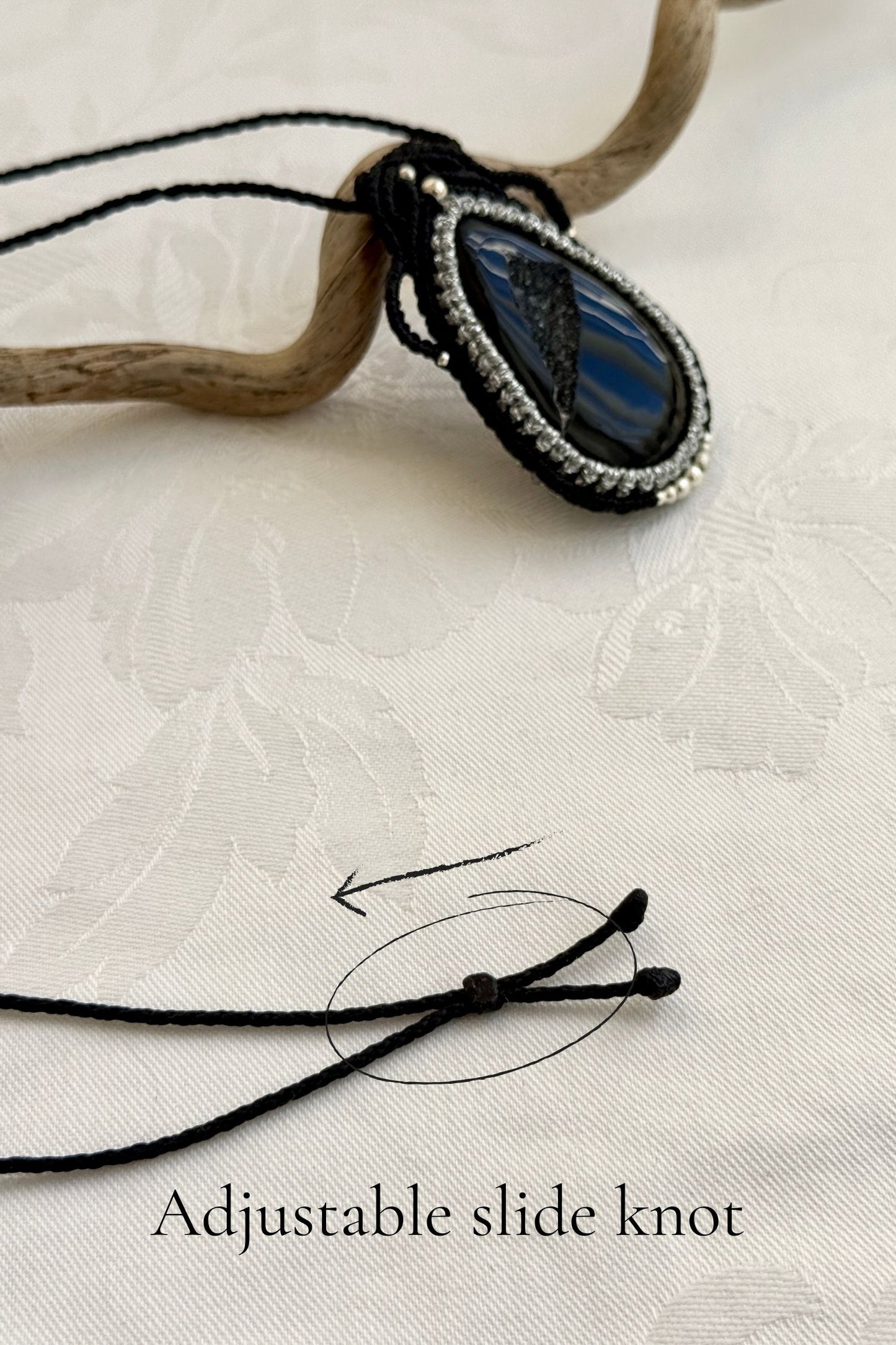 Adjustable handmade macrame necklace with Druzy Onyx. Featuring a sliding knot closure for a customizable fit.