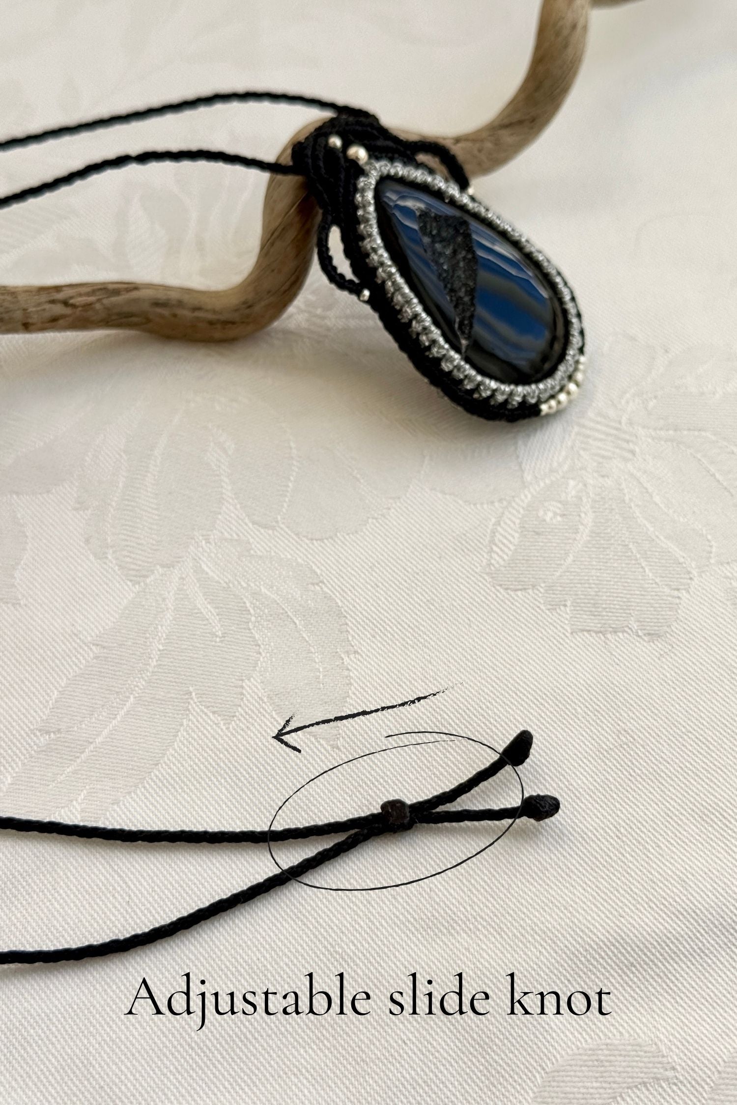 Adjustable handmade macrame necklace with Druzy Onyx. Featuring a sliding knot closure for a customizable fit.