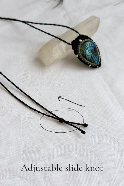 Adjustable sliding knot closure on handmade Labradorite necklace, showing versatile and comfortable fit.