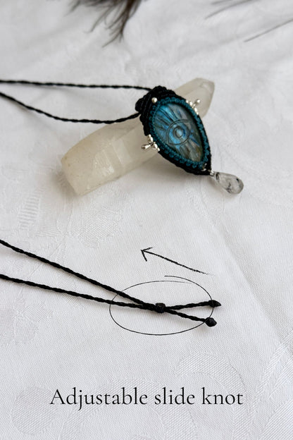 Adjustable sliding knot closure on handmade Labradorite necklace, showing versatile and comfortable fit.