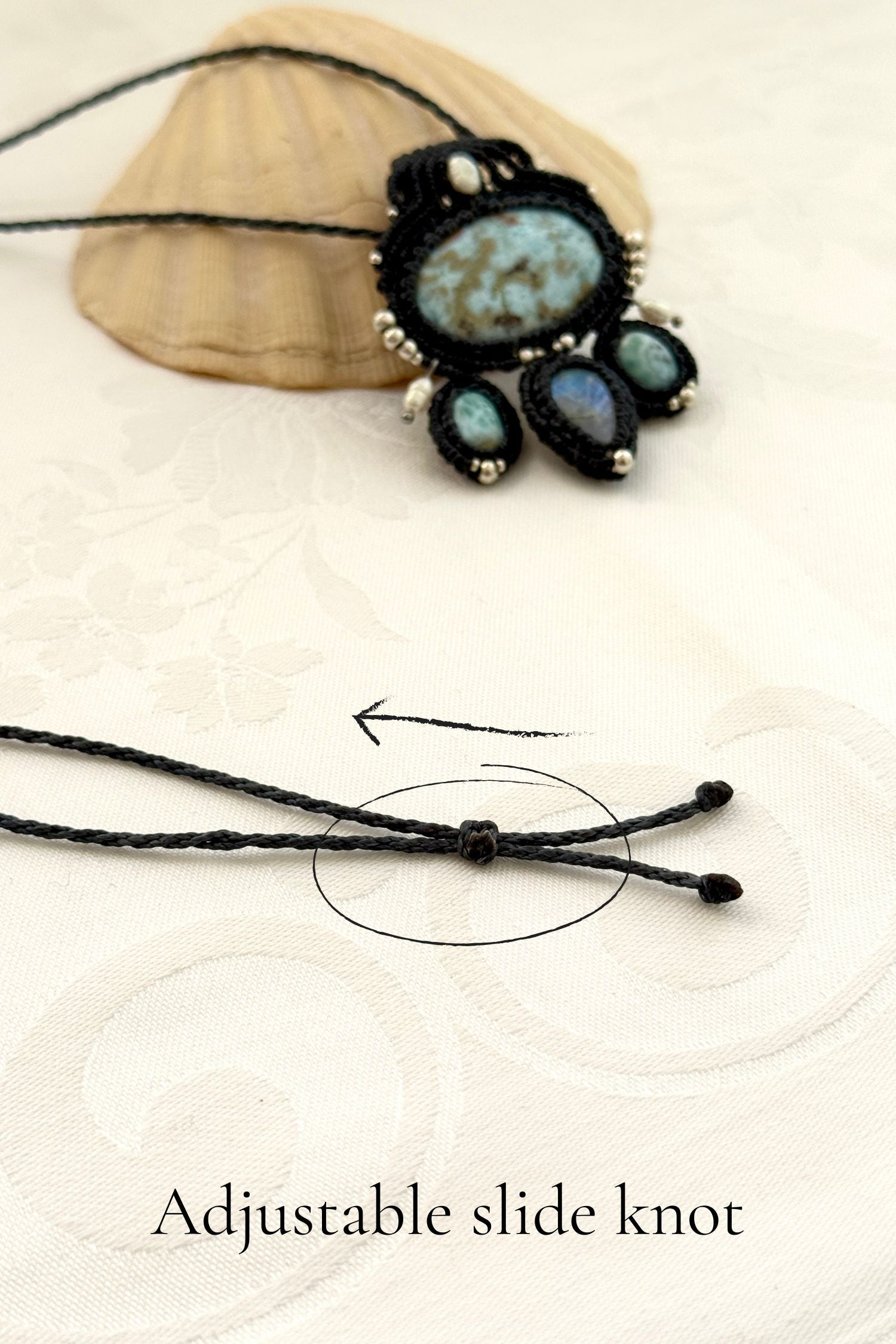 Close-up of adjustable sliding knot on handmade macramé necklace for a customizable fit at any length
