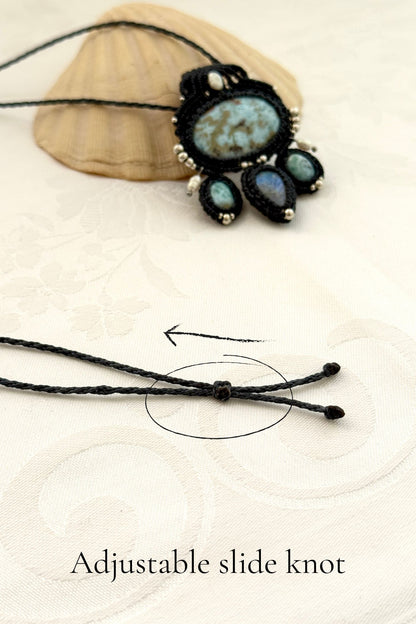 Close-up of adjustable sliding knot on handmade macramé necklace for a customizable fit at any length