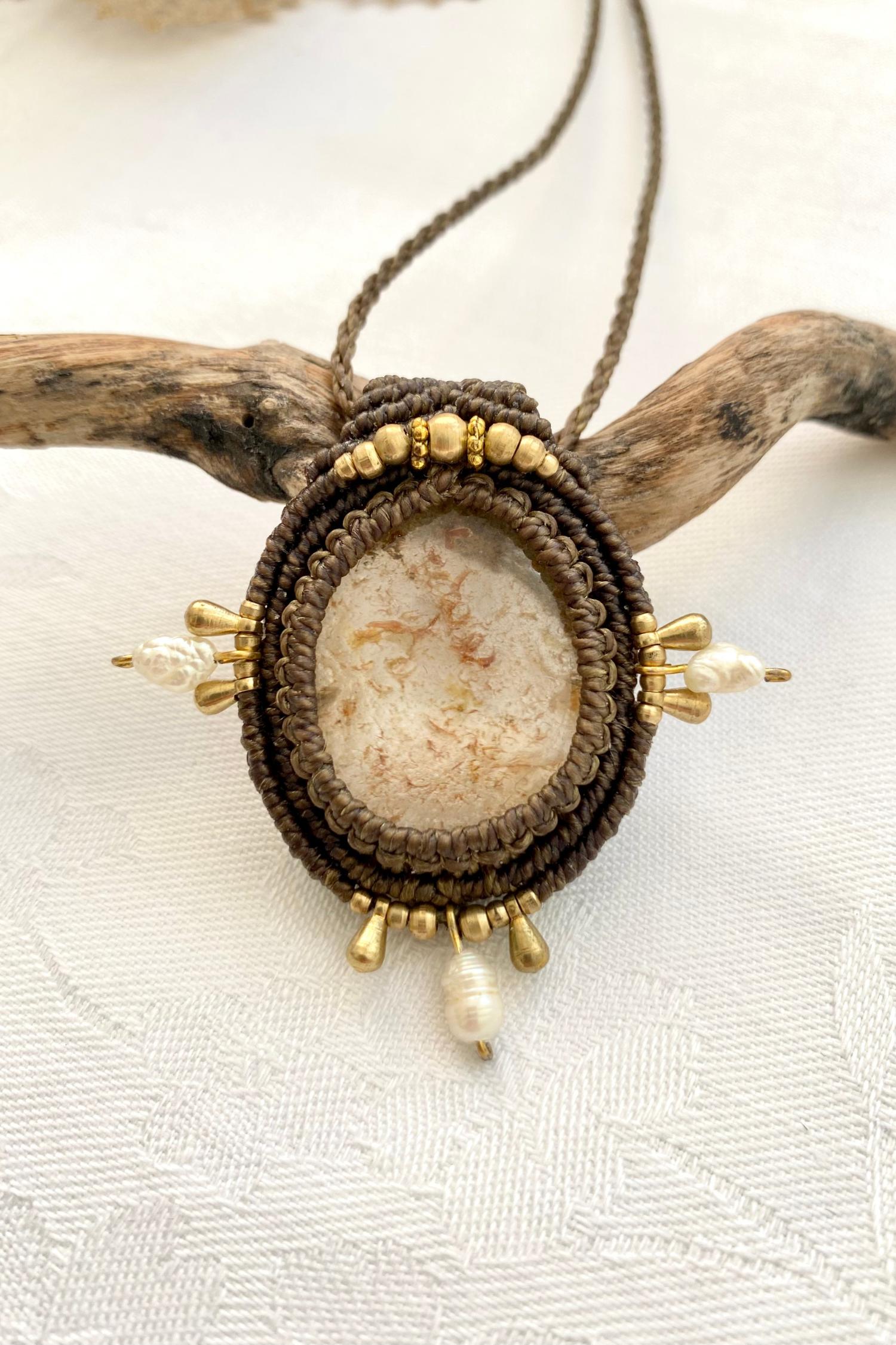 A close-up of the handmade gemstone necklace, showcasing the natural beauty of Lodolite and Fresh Water Pearls in an exclusive, one-of-a-kind design.