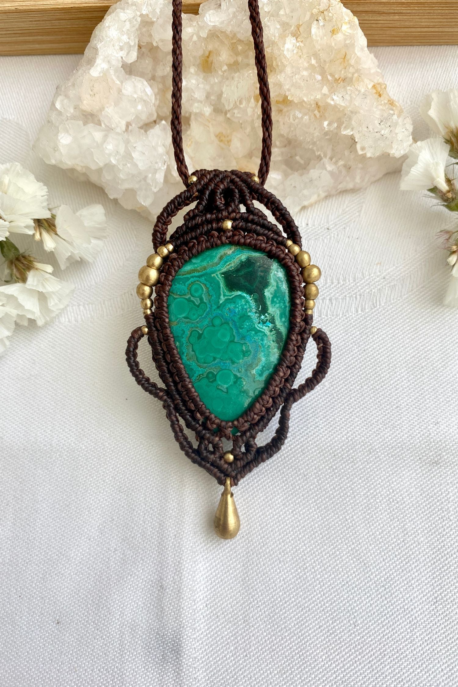 A close-up of the handmade gemstone necklace, showcasing the natural beauty of Malachite with Chrysocolla in an exclusive, one-of-a-kind design.