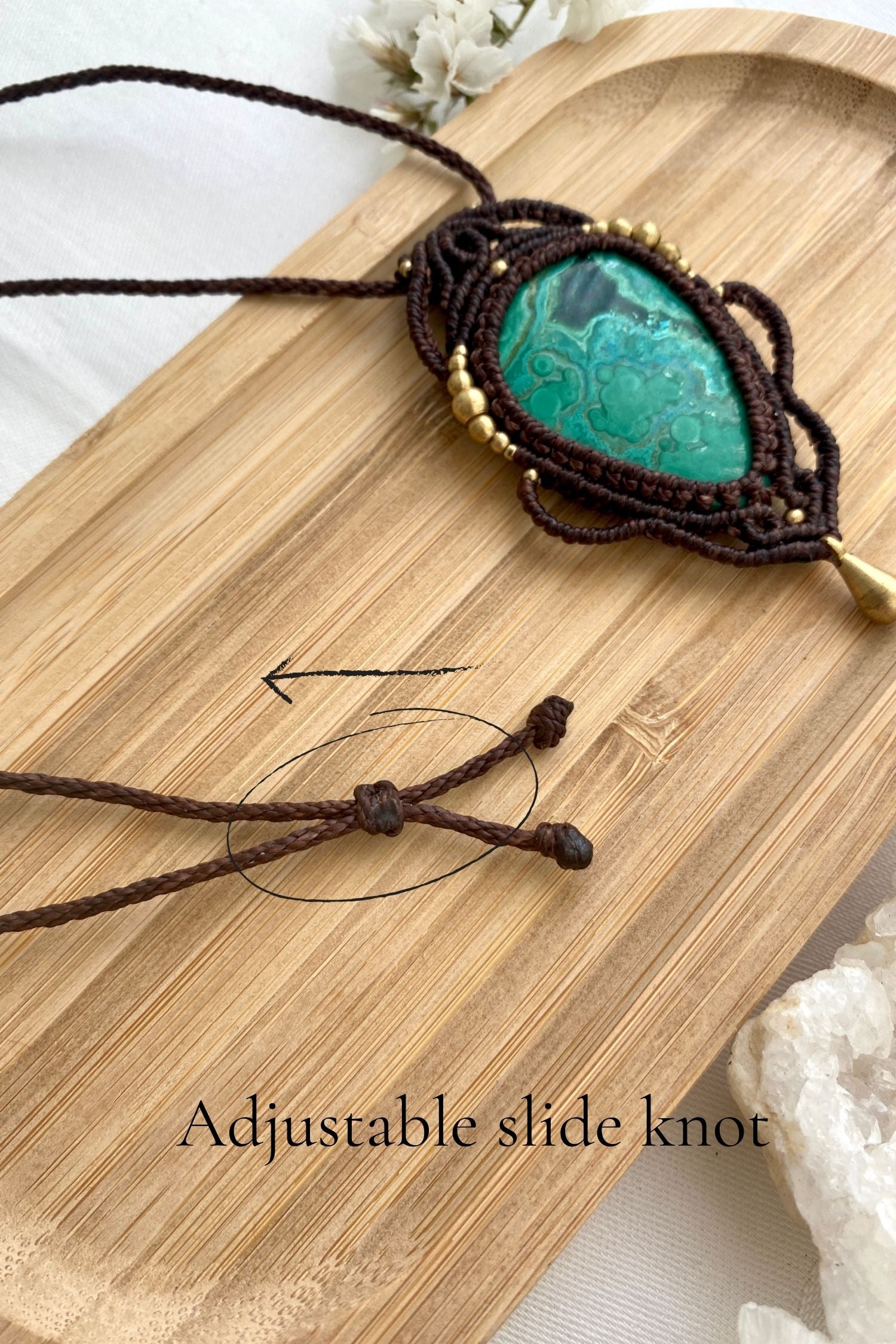 Adjustable handmade macrame necklace with a sliding knot, ensuring a customizable fit and effortless wear.