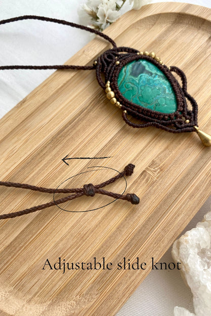 Adjustable handmade macrame necklace with a sliding knot, ensuring a customizable fit and effortless wear.