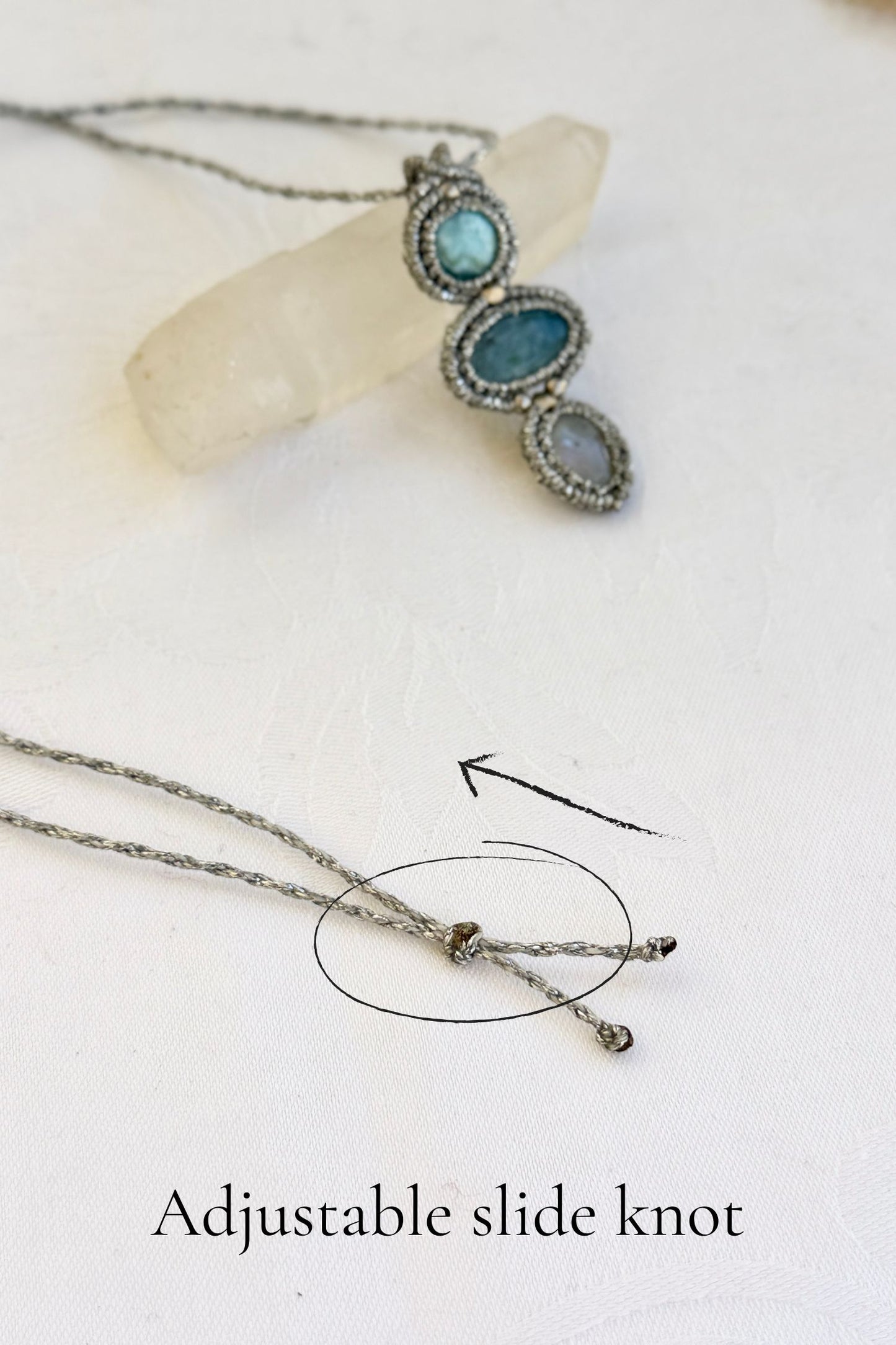 Adjustable handmade macrame necklace with Larimar, Aquamarine and Moonstone. Featuring a sliding knot closure for a customizable fit.