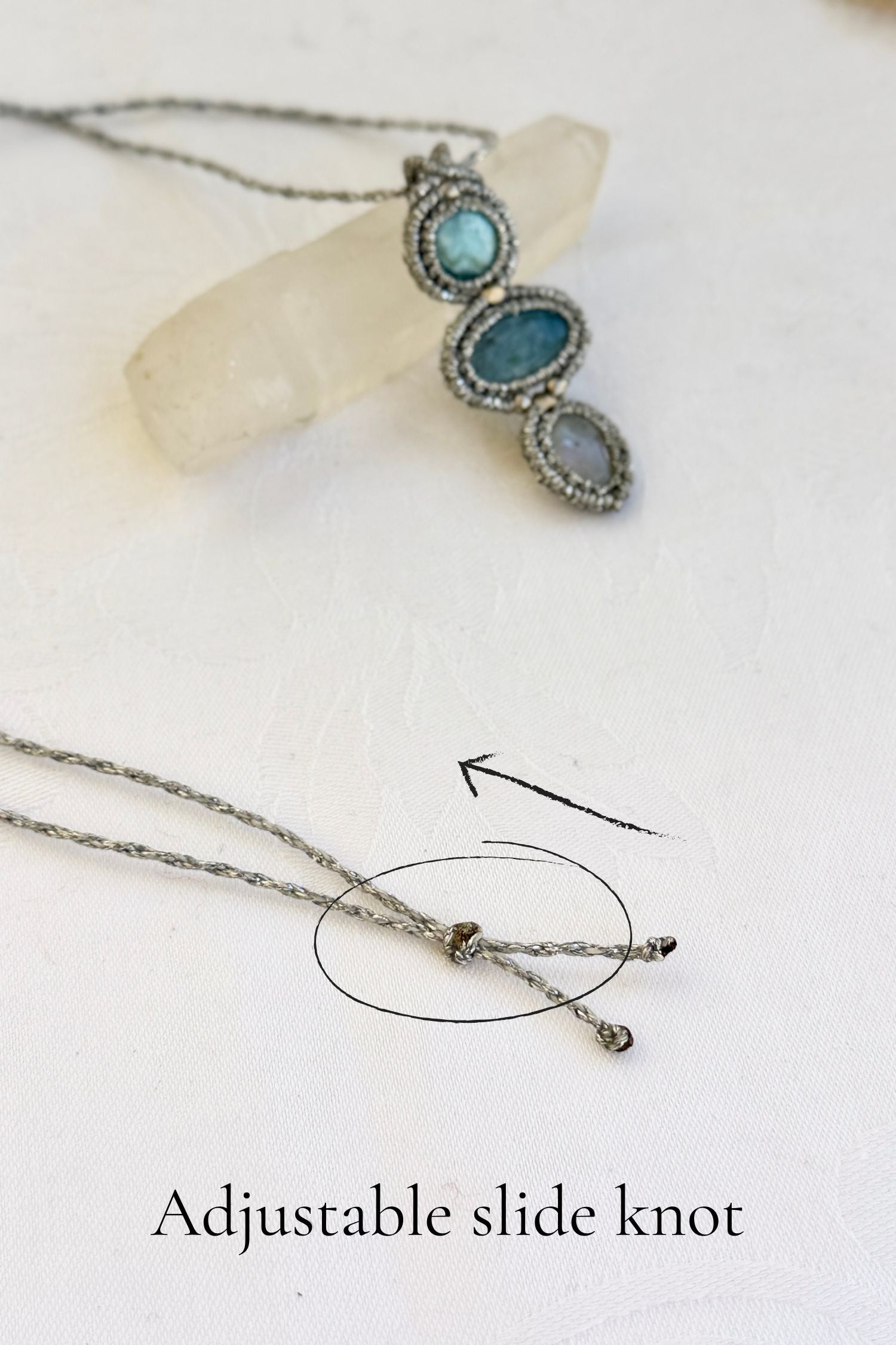 Adjustable handmade macrame necklace with Larimar, Aquamarine and Moonstone. Featuring a sliding knot closure for a customizable fit.
