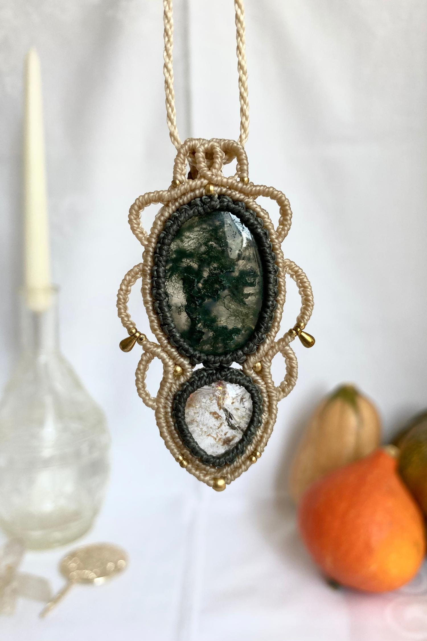Handmade macrame necklace featuring Moss Agate and Lodolite gemstones, crafted with a unique and artistic design, offering an adjustable length for a perfect fit.