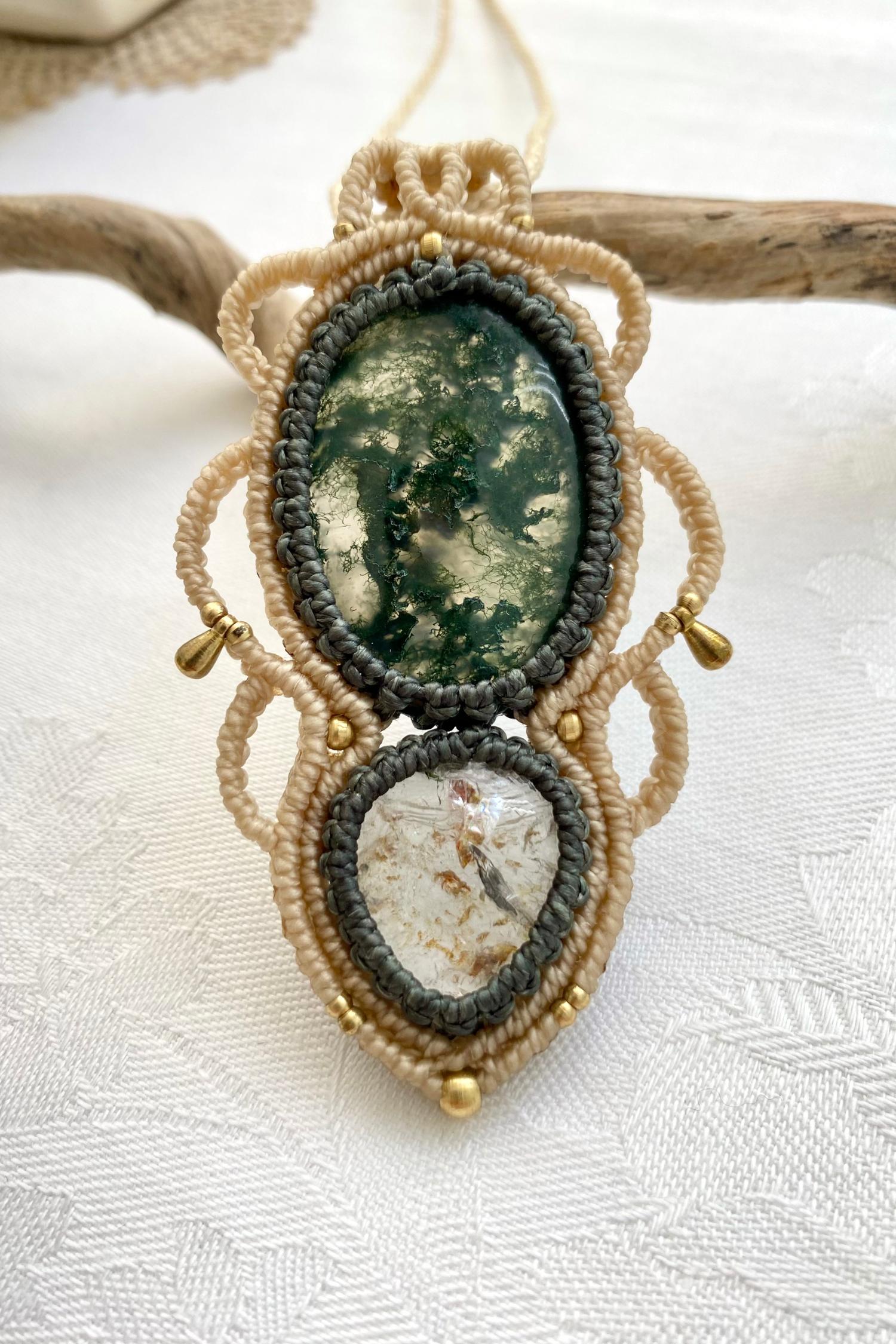A close-up of the handmade gemstone necklace, showcasing the natural beauty of Moss Agate and Lodolite in an exclusive, one-of-a-kind design.