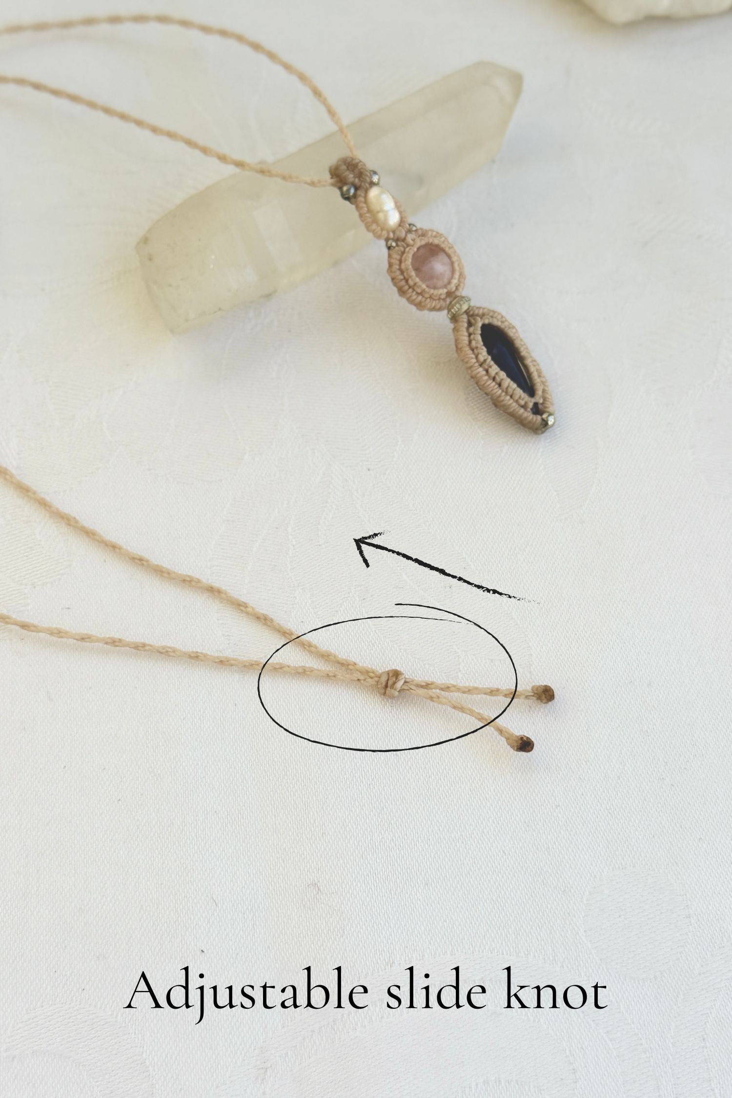 Adjustable handmade macrame necklace with Freshwater Pearl, Rose Quartz and Amethyst. Featuring a sliding knot closure for a customizable fit.