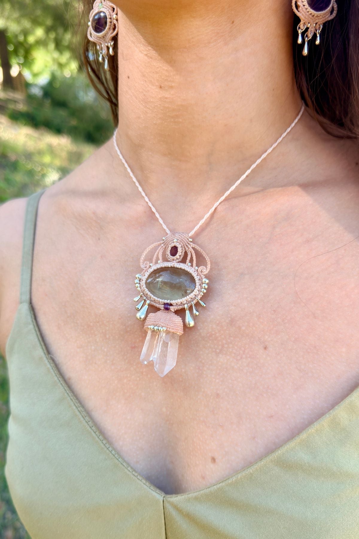Handmade Prasiolite and Double Quartz Point Pendant Necklace with Amethyst and Silver Drops