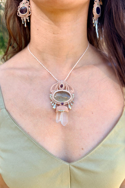 Handmade Prasiolite and Double Quartz Point Pendant Necklace with Amethyst and Silver Drops