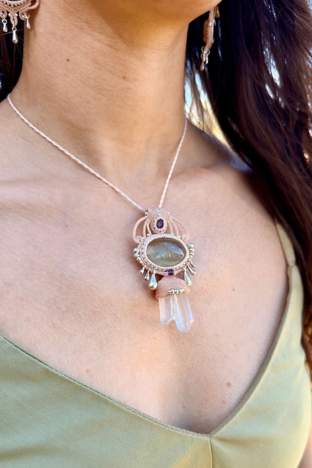 Handmade Prasiolite and Double Quartz Point Pendant Necklace with Amethyst and Silver Drops