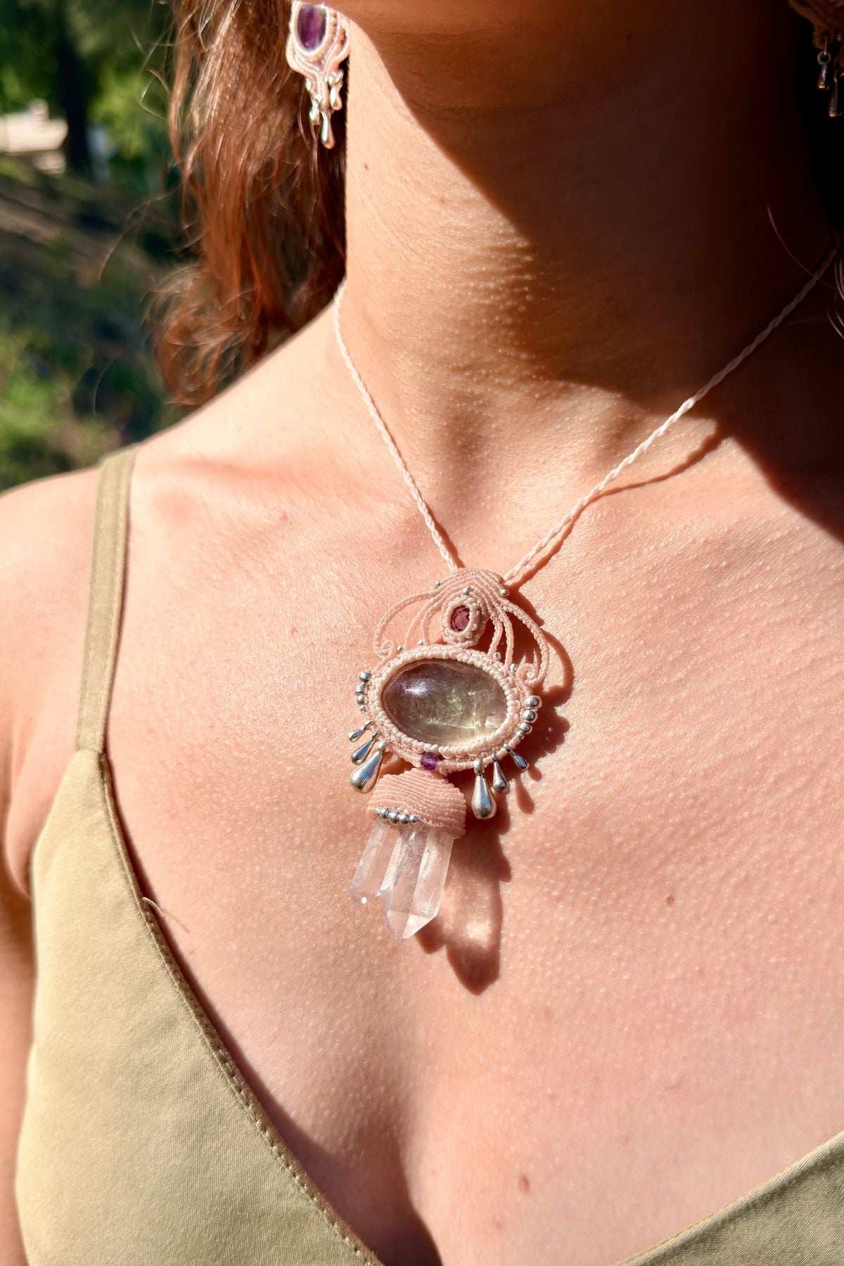 Handmade Prasiolite and Double Quartz Point Pendant Necklace with Amethyst and Silver Drops