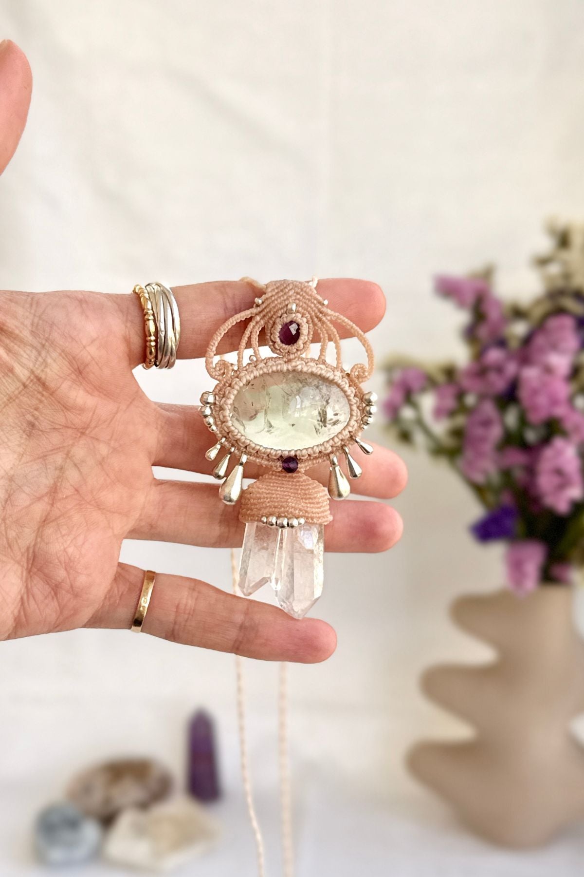 Handmade Prasiolite and Double Quartz Point Pendant Necklace with Amethyst and Silver Drops