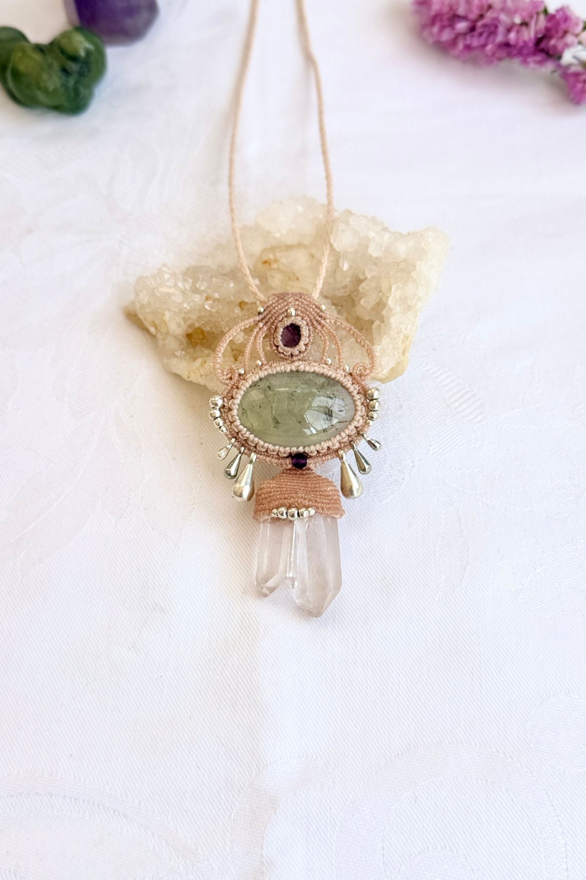 Handmade Prasiolite and Double Quartz Point Pendant Necklace with Amethyst and Silver Drops