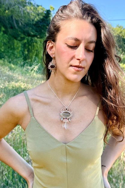 Handmade Prasiolite and Double Quartz Point Pendant Necklace with Amethyst and Silver Drops