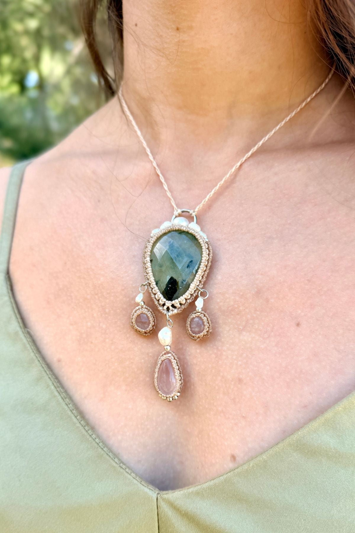 Handmade Faceted Prehnite Statement Necklace with Rose Quartz and Freshwater Pearls