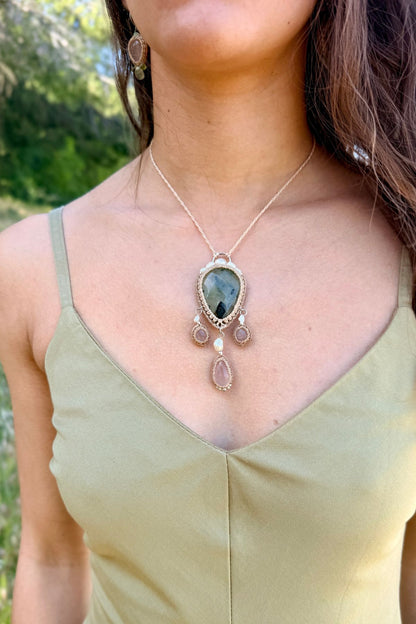 Handmade Faceted Prehnite Statement Necklace with Rose Quartz and Freshwater Pearls