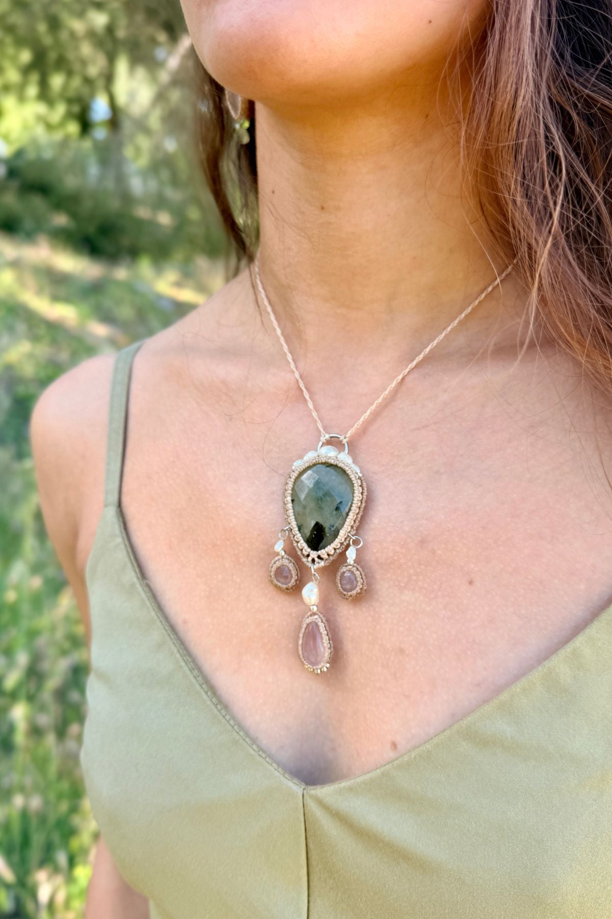 Handmade Faceted Prehnite Statement Necklace with Rose Quartz and Freshwater Pearls