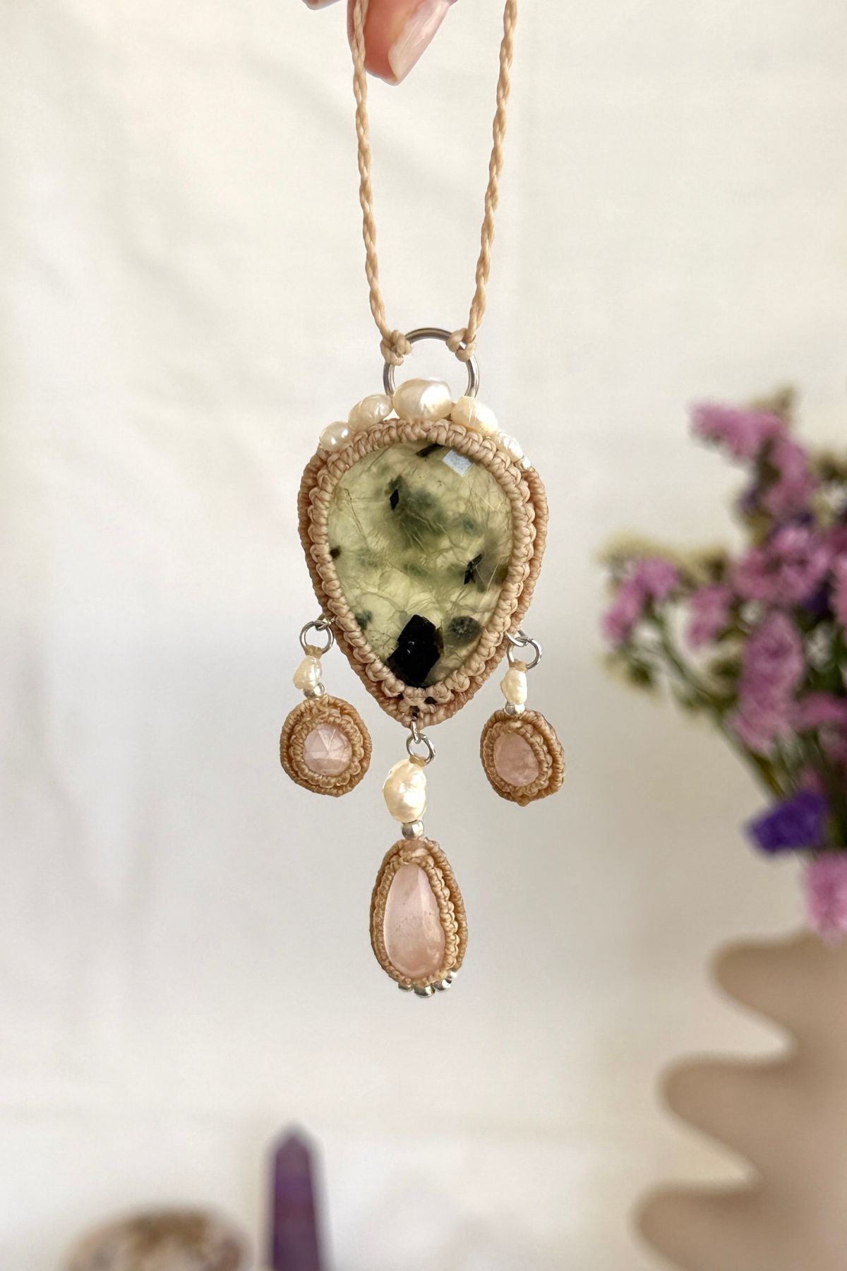 Handmade Faceted Prehnite Statement Necklace with Rose Quartz and Freshwater Pearls