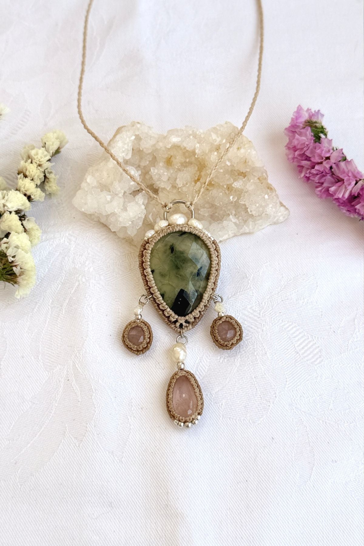 Handmade Faceted Prehnite Statement Necklace with Rose Quartz and Freshwater Pearls
