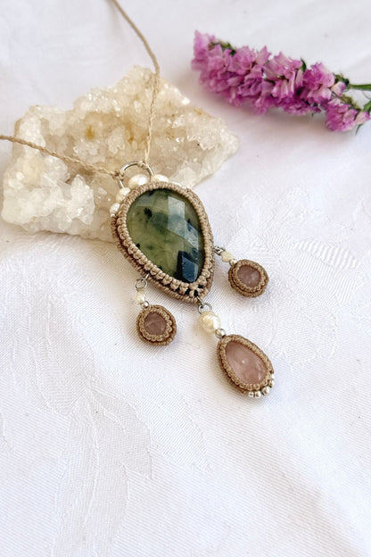 Handmade Faceted Prehnite Statement Necklace with Rose Quartz and Freshwater Pearls