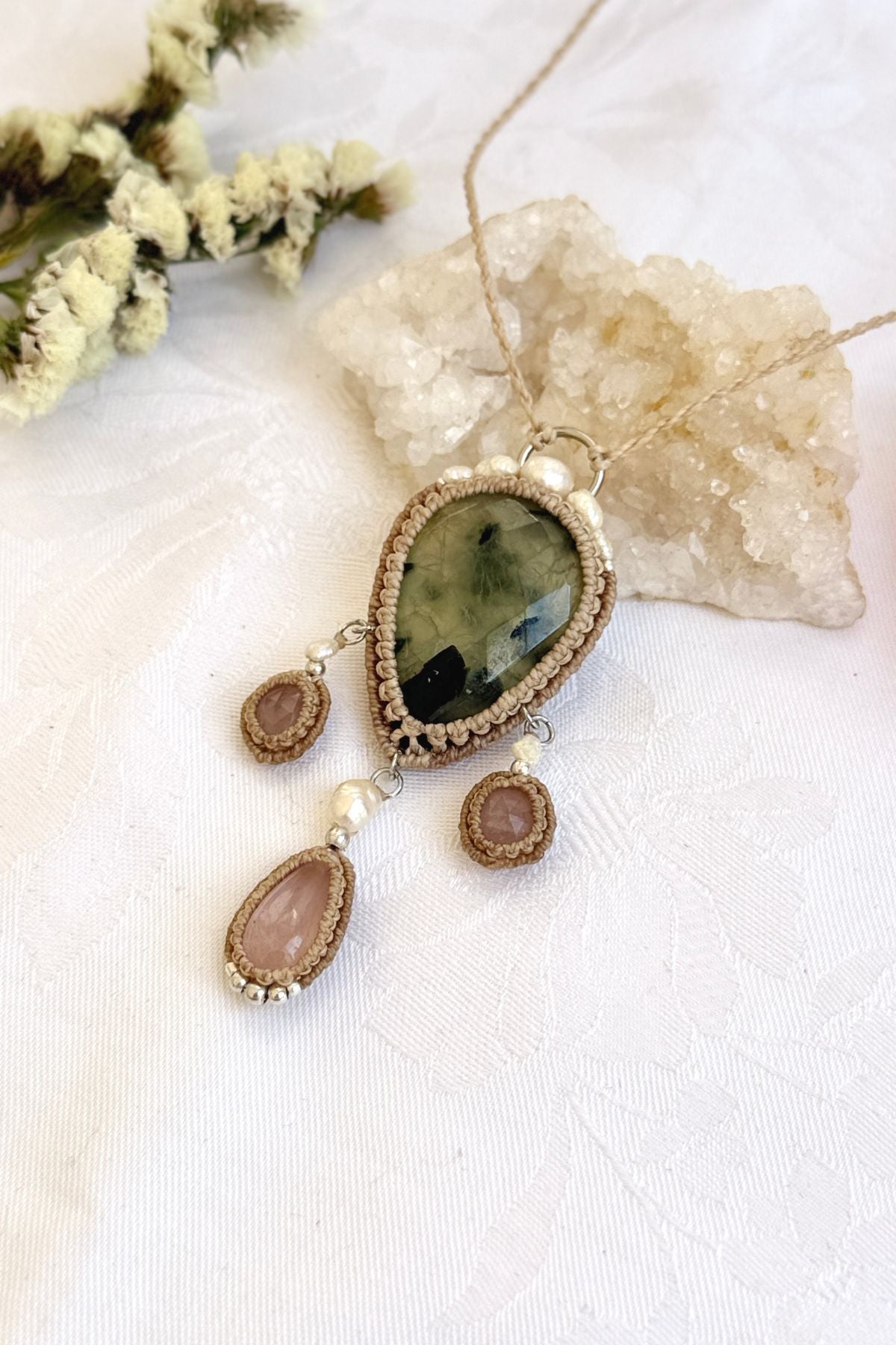 Handmade Faceted Prehnite Statement Necklace with Rose Quartz and Freshwater Pearls