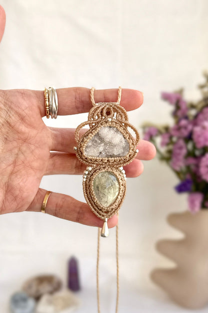 Handmade Quartz Geode and Prasiolite Pendant Necklace