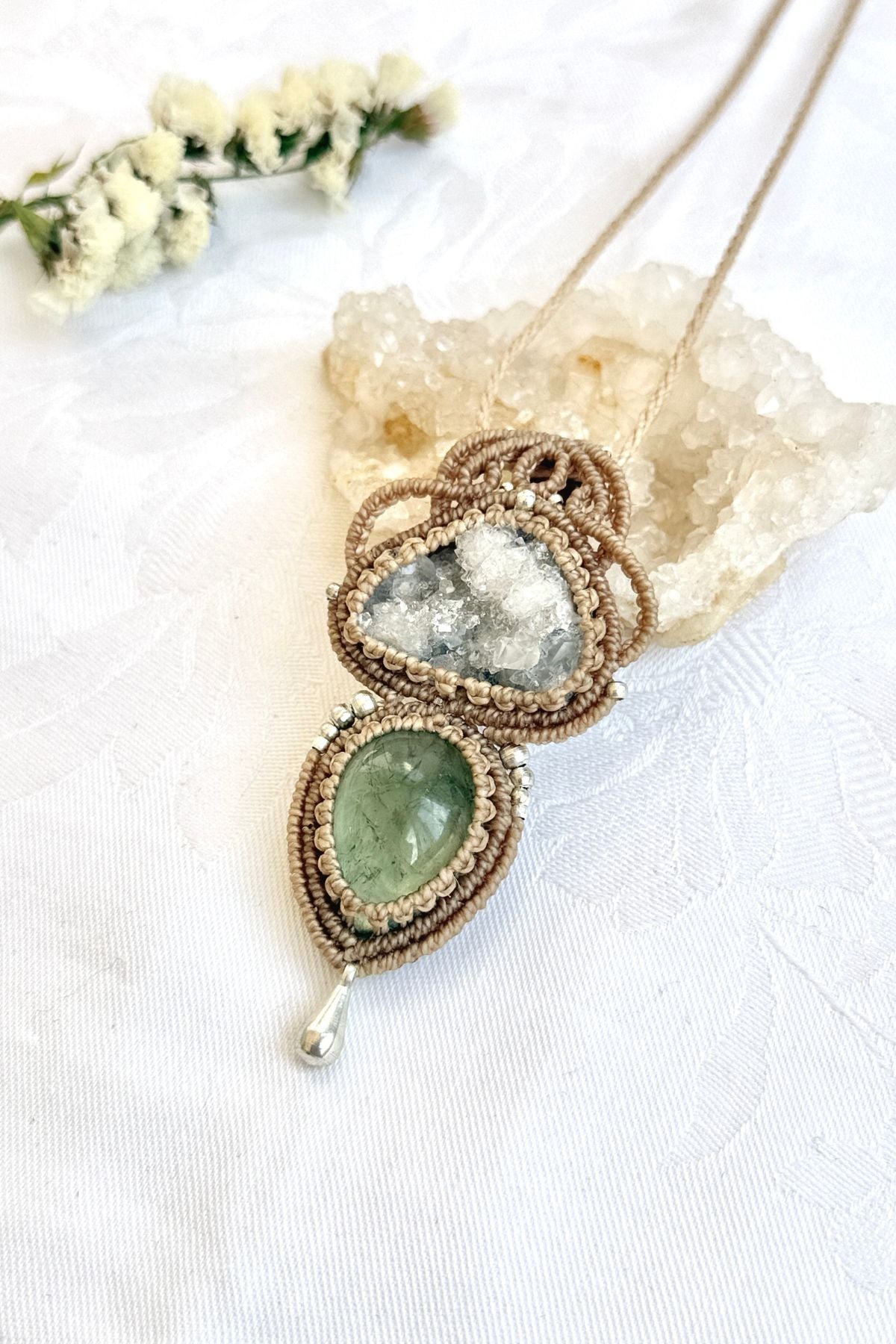 Handmade Quartz Geode and Prasiolite Pendant Necklace