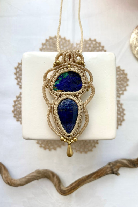 Handmade macrame necklace featuring a Raw Azurite and Lapis Lazuli gemstones, crafted with a unique and artistic design, offering an adjustable length for a perfect fit.