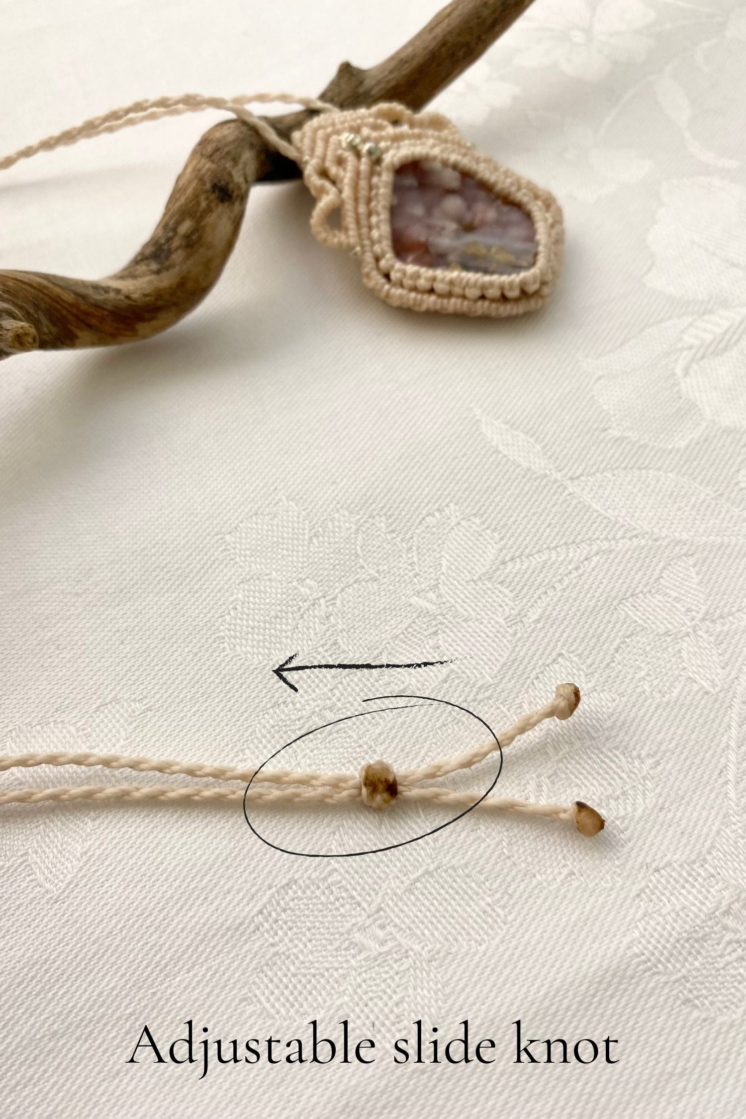 Adjustable handmade macrame necklace with a sliding knot, ensuring a customizable fit and effortless wear.