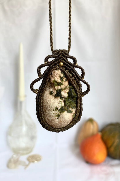 Handmade macrame necklace featuring a raw Prehnite and Epidote gemstone, crafted with a unique and artistic design, offering an adjustable length for a perfect fit.