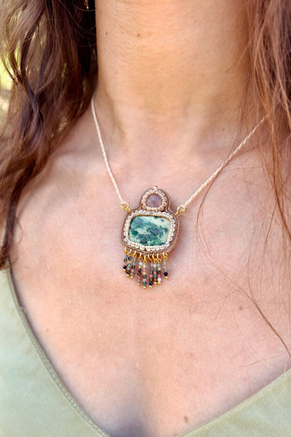 Handmade Ruby Fuchsite Statement Necklace with Rose Quartz and Multicolor Tourmaline Cascade
