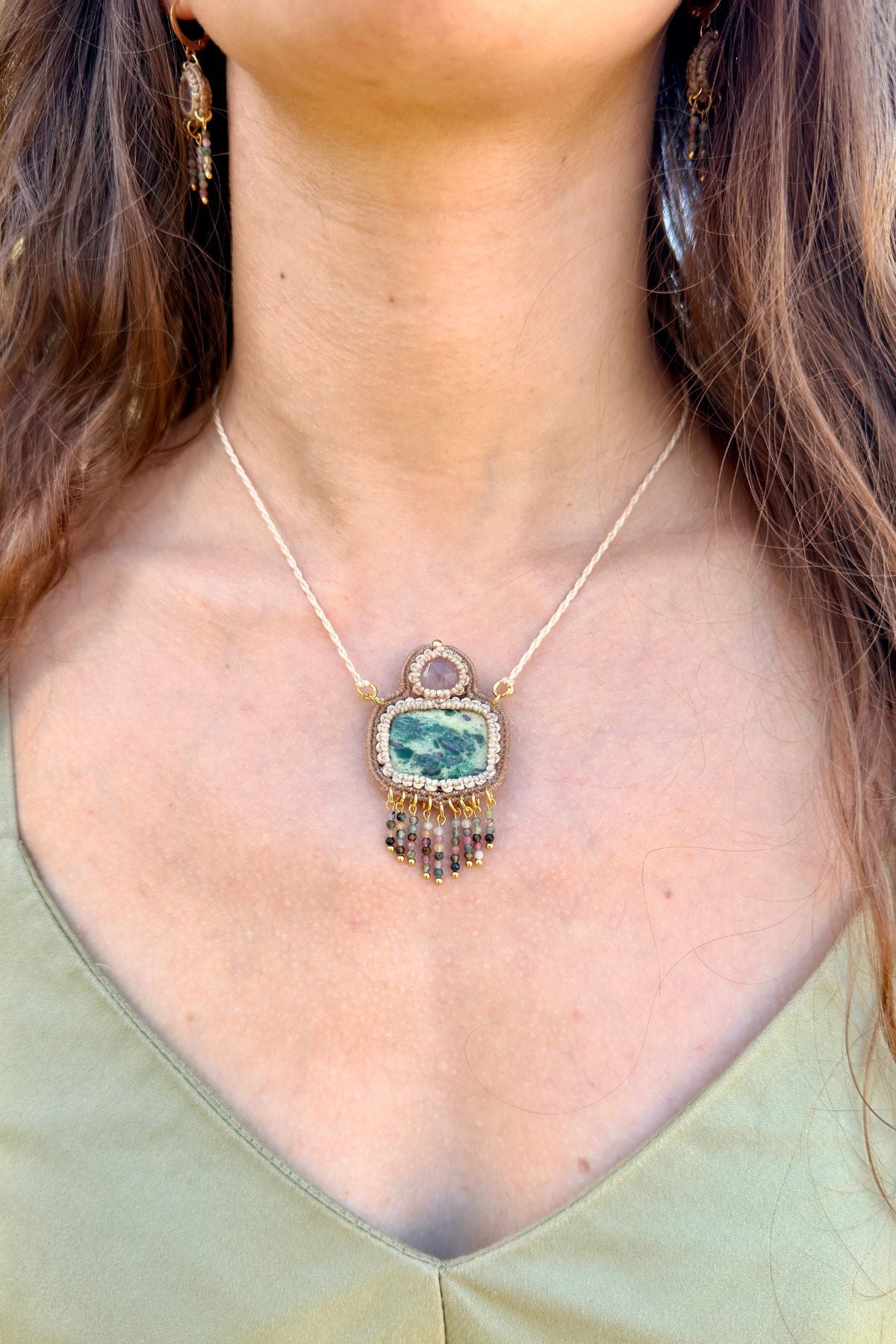 Handmade Ruby Fuchsite Statement Necklace with Rose Quartz and Multicolor Tourmaline Cascade