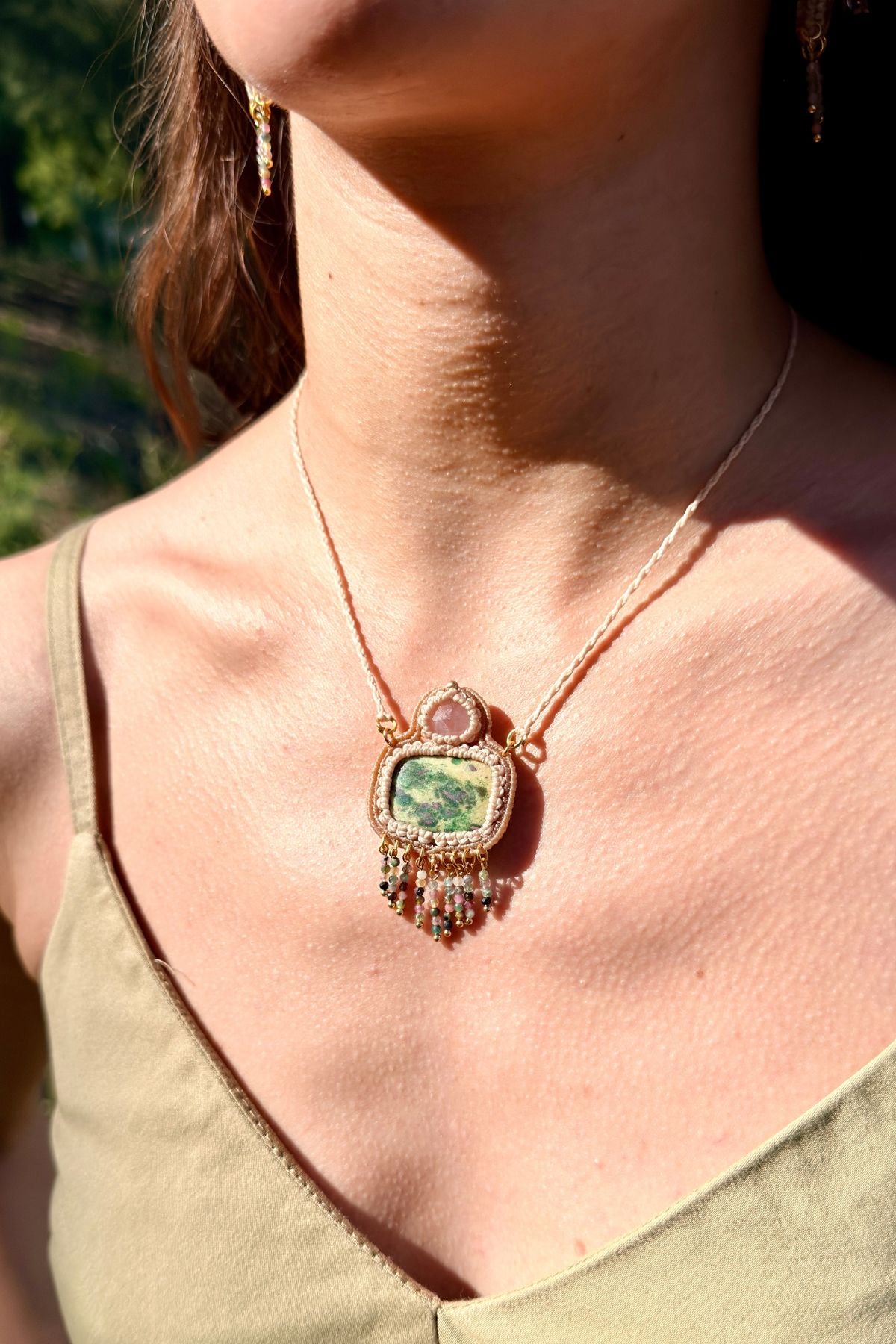 Handmade Ruby Fuchsite Statement Necklace with Rose Quartz and Multicolor Tourmaline Cascade