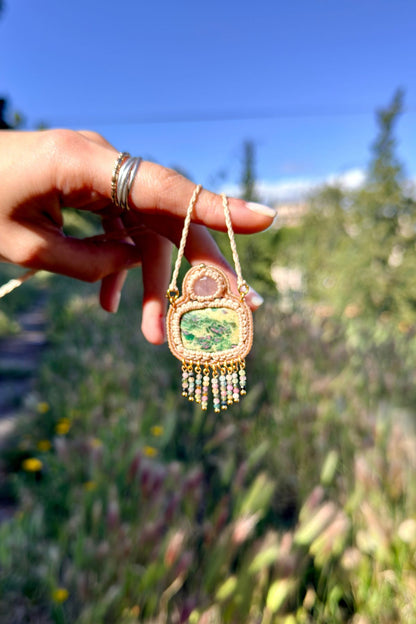 Handmade Ruby Fuchsite Statement Necklace with Rose Quartz and Multicolor Tourmaline Cascade