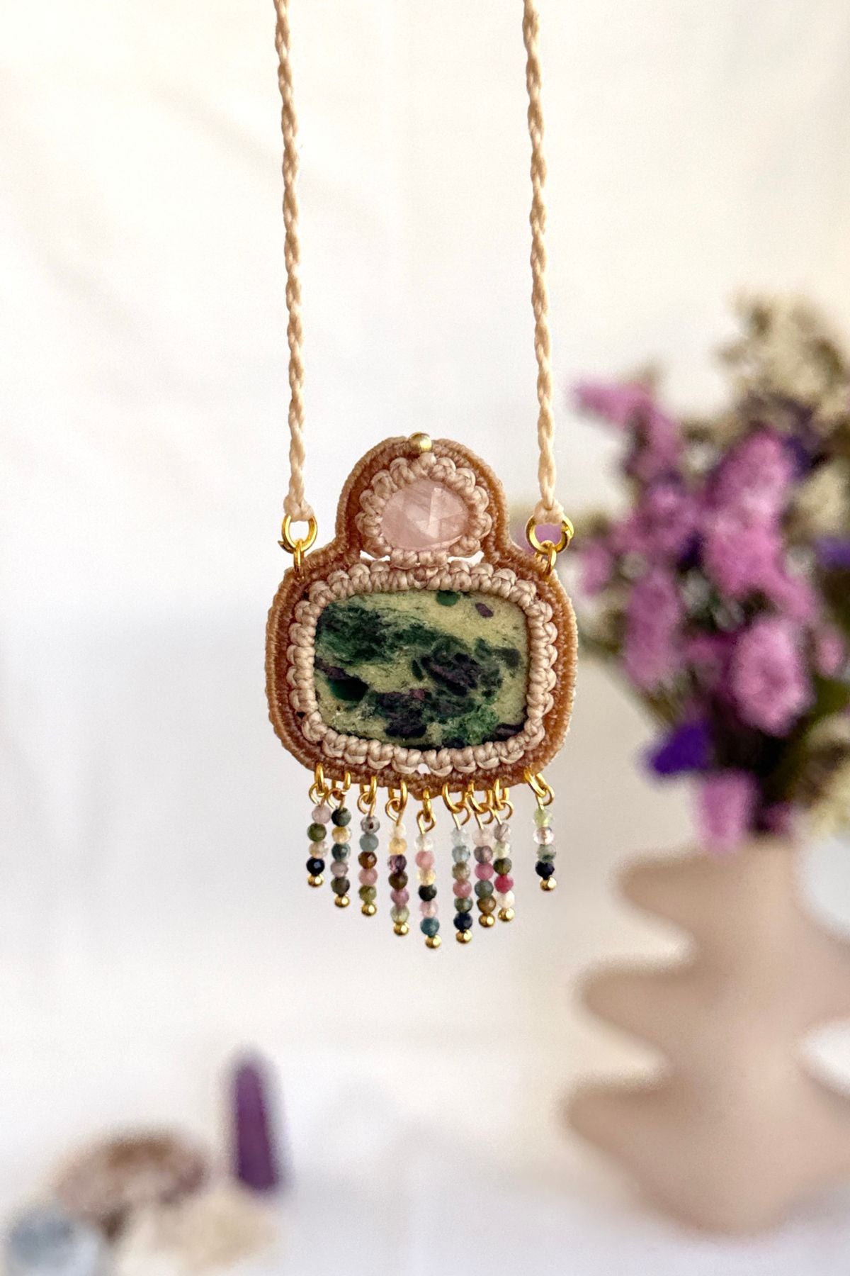 Handmade Ruby Fuchsite Statement Necklace with Rose Quartz and Multicolor Tourmaline Cascade