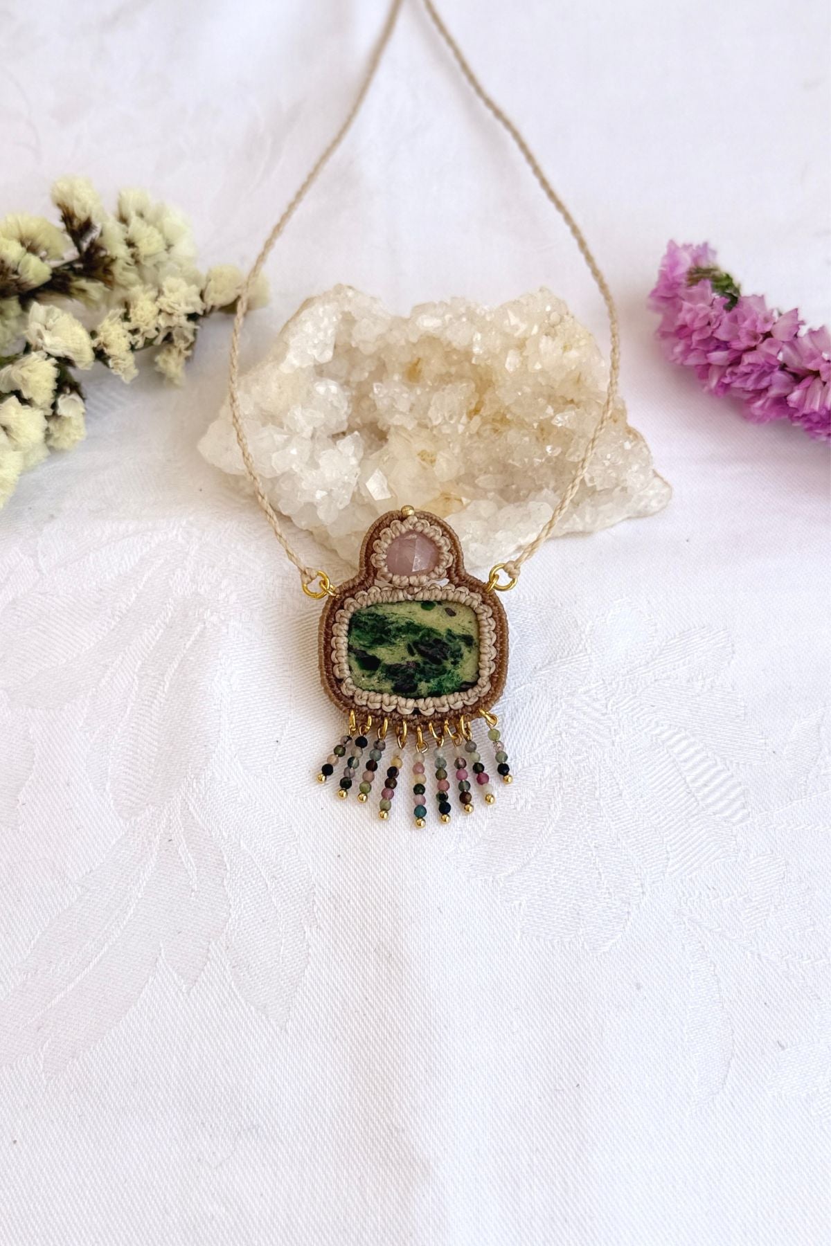 Handmade Ruby Fuchsite Statement Necklace with Rose Quartz and Multicolor Tourmaline Cascade
