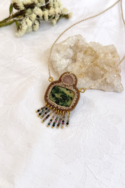 Handmade Ruby Fuchsite Statement Necklace with Rose Quartz and Multicolor Tourmaline Cascade