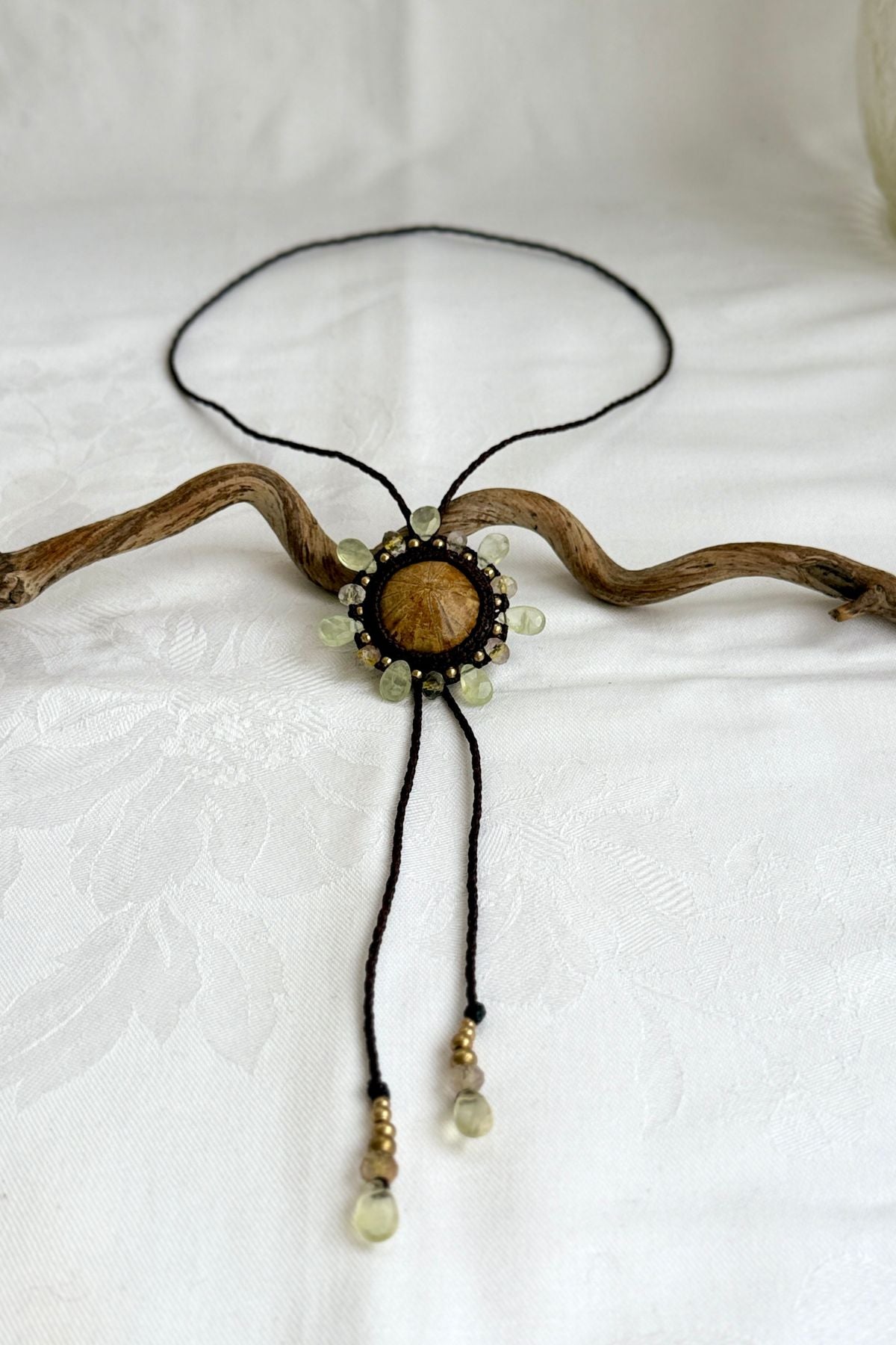 Adjustable sea urchin fossil bolo tie with beaded ends, prehnite and rutilated quartz statement necklace